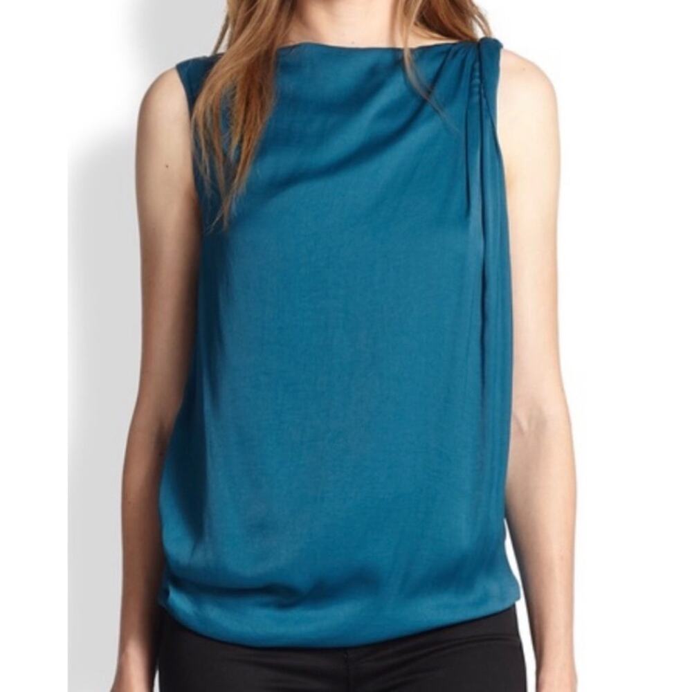 Vince. Shoulder Twist Silky Top Womens Size 4 Peacock Teal Luxe Shell Tank